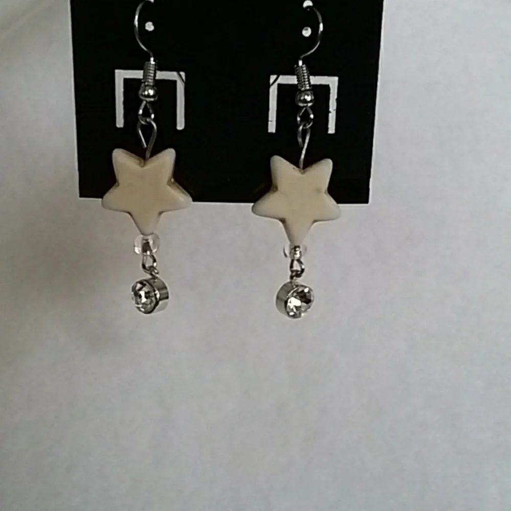 White stars with rhinestones hook earrings